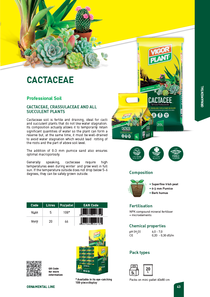 Cactaceae V917  - 20L 仙人掌科專用營養土 意大利進口種植土 適用於仙人掌科 景天科和多肉植物