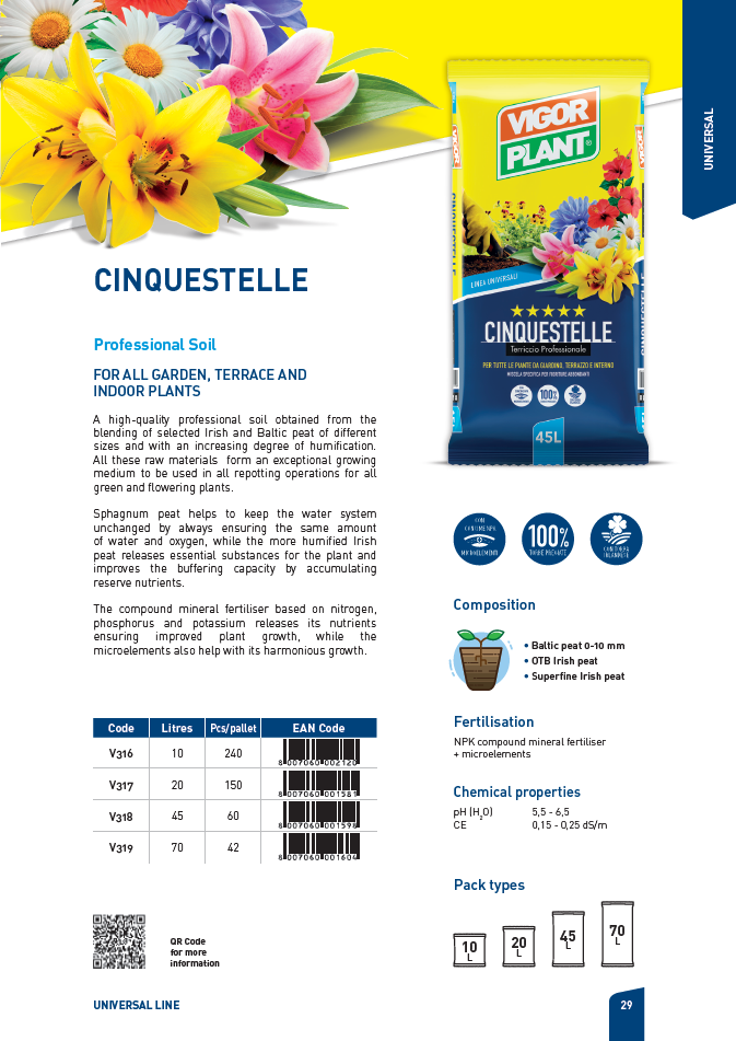 Cinquestelle V316 - 10L 五星級通用營養土 意大利進口種植土適用於花園 陽臺和室內植物的種植