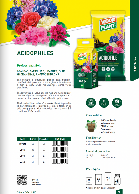 Acidofile V434 - 25L 喜酸植物專用營養土 意大利進口種植土 適用於杜鵑花 山茶花 石楠花 藍色繡球花